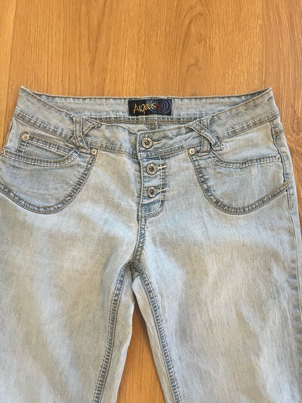 Vintage Y2K Angels Light Wash Button Fly Distressed Flared Jeans - Size 11 - Picture 2 of 12